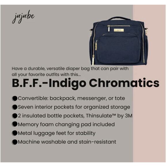 JUJUBE Ju Ju Be BFF INDIGO Gold CHROMATICS BFF Diaper Bag Backpack Handbag New - Picture 5 of 11